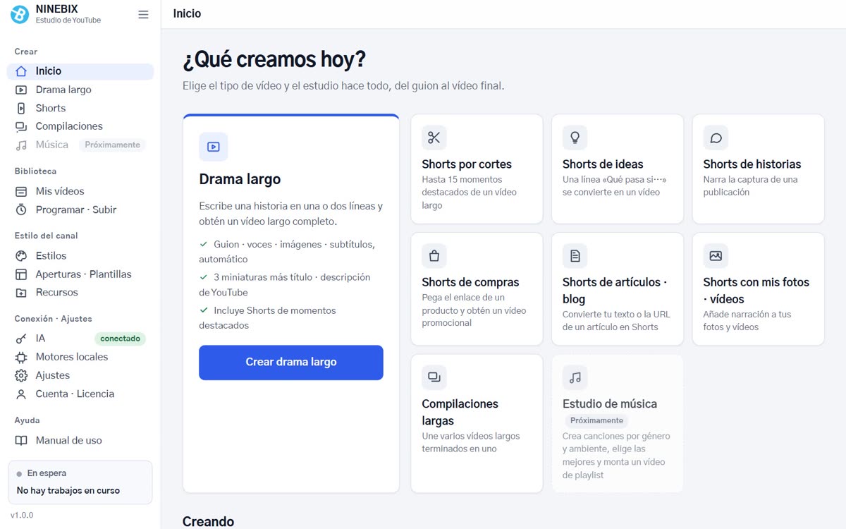 Pantalla de inicio de NINEBIX YouTube Studio